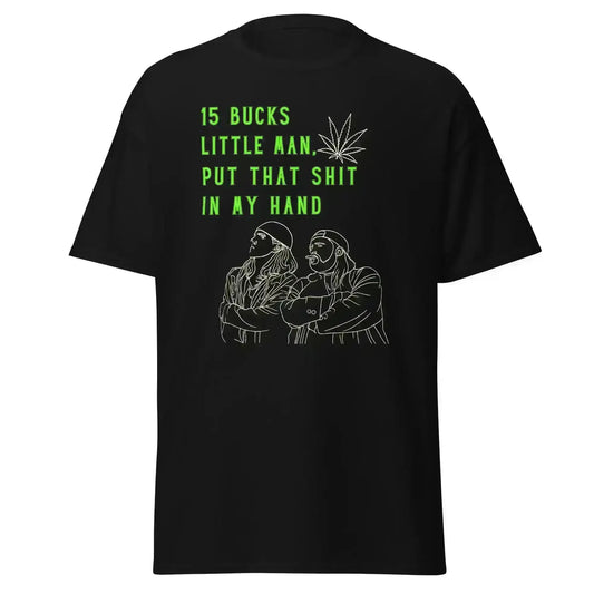 Black unisex graphic tee with Jay and Silent Bob outline, neon text, and cannabis leaf design.