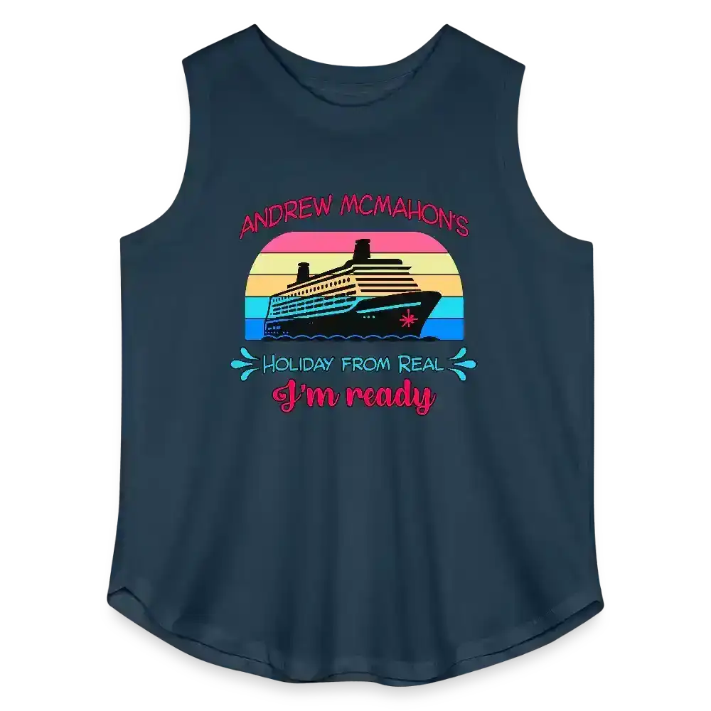 Navy graphic tank top with cruise ship, retro sunset, and 'Holiday From Real I'm ready' text.