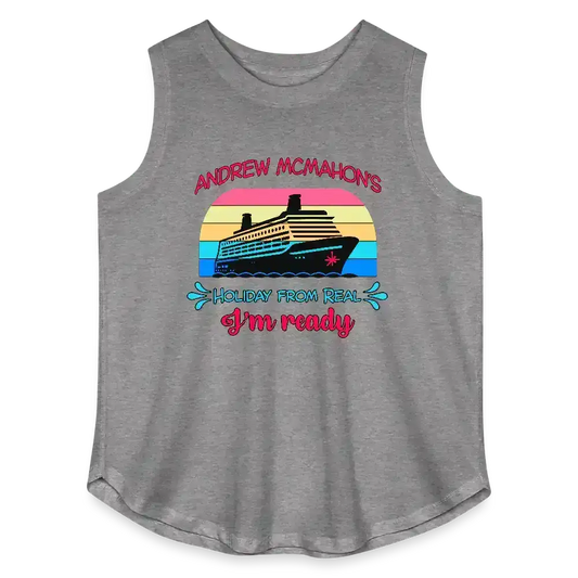 Gray sleeveless tank with cruise ship graphic, 'Holiday From Real' text, Cady Creations design