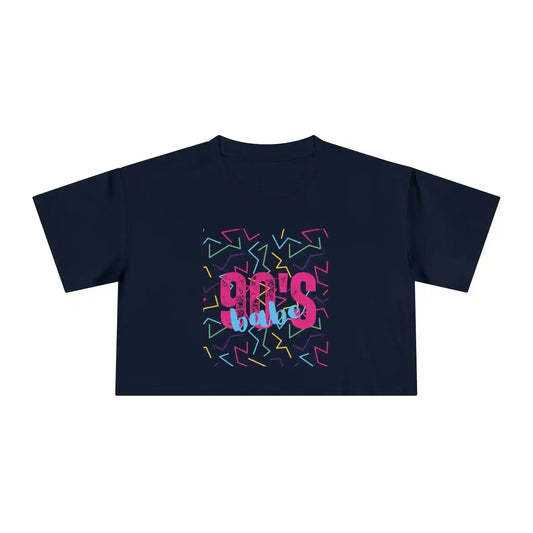 Navy blue crop top with '90's babe' text and colorful retro graphic pattern, Cady Creations
