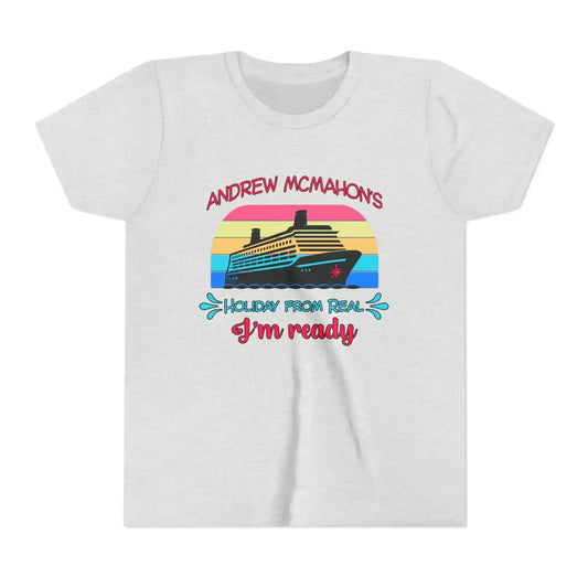 White graphic tee with cruise ship, retro sunset, and 'Holiday From Real I'm ready' text by Cady Creations