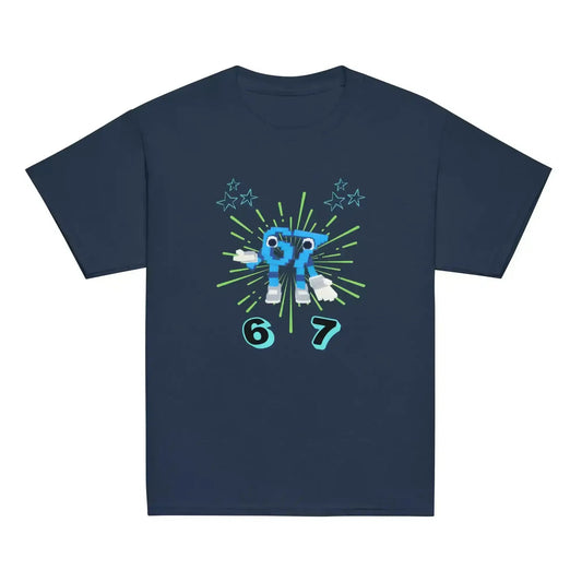 Navy youth graphic tee featuring a blue pixel robot, neon accents, numbers 6 and 7, and stars