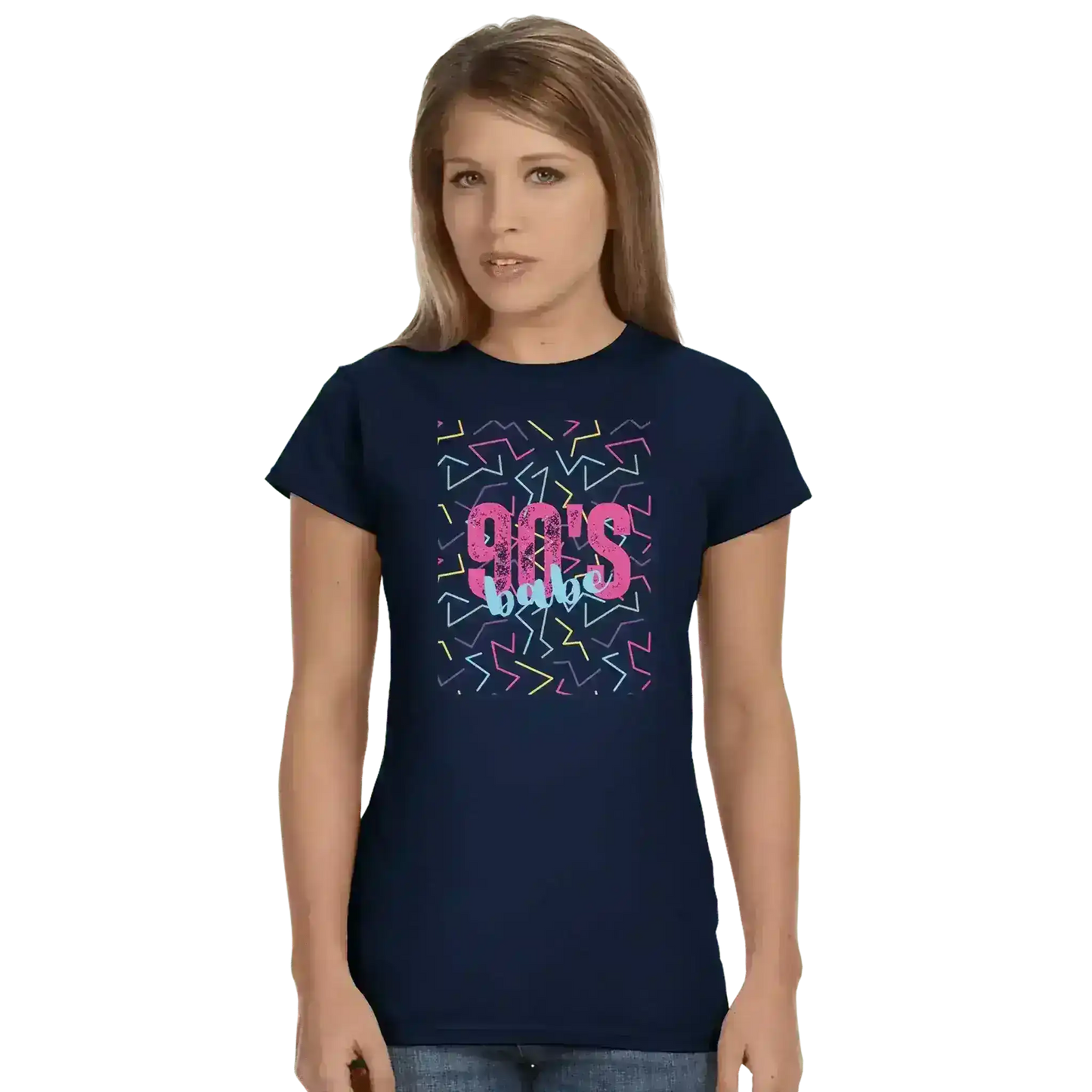 Woman in navy fitted graphic tee with '90's babe' retro design, Cady Creations style