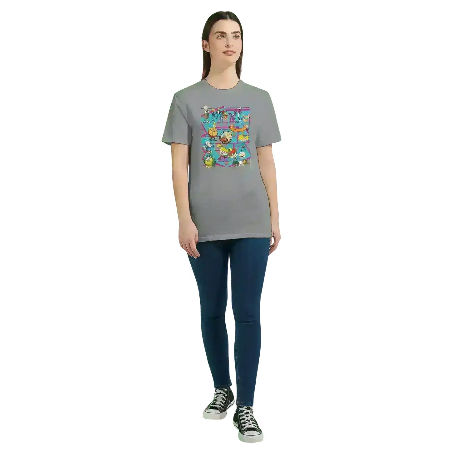 Woman wearing gray Cady Creations retro cartoon squad graphic tee with colorful 90s design