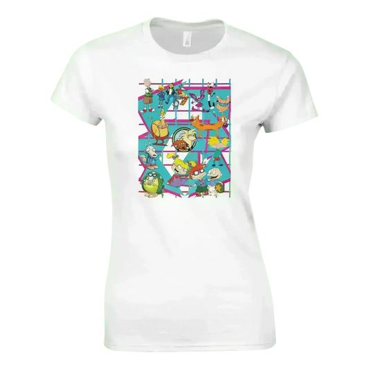 White fitted t-shirt with colorful retro 90s cartoon characters, Cady Creations graphic tee