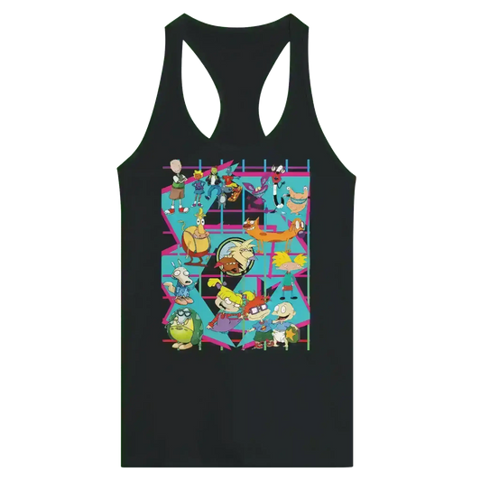 Black racerback tank with colorful 90s retro cartoon characters, Cady Creations graphic apparel