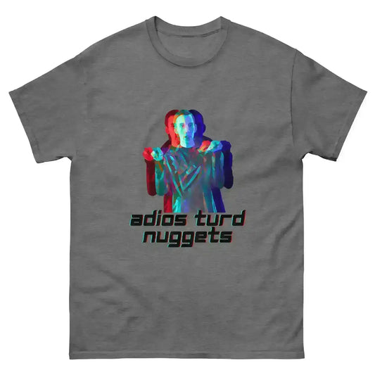 Grey graphic tee with glitch effect character and 'adios turd nuggets' text, Cady Creations