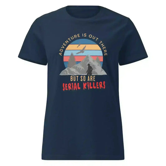 Navy graphic tee with mountains, hiker, sunset, and humorous true crime text, Cady Creations.