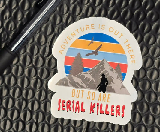 Cady Creations adventure sticker with retro mountains, trees, birds, and humorous text