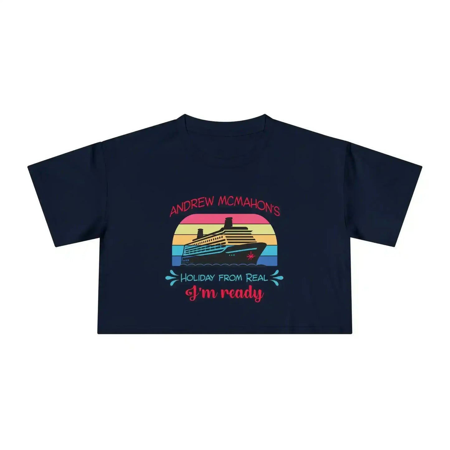 Navy crop top graphic tee with cruise ship, retro sunset, and 'Holiday From Real' text by Cady Creations.