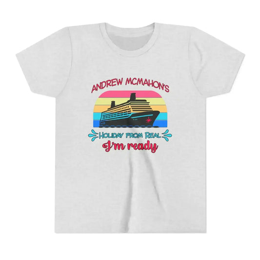 White graphic tee with cruise ship, retro sunset, and 'Holiday From Real I'm ready' text by Cady Creations