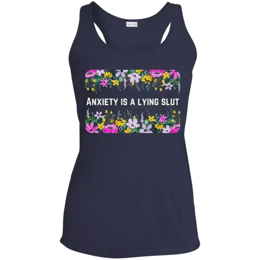 Navy racerback tank top with floral design and humorous mental health slogan by Cady Creations