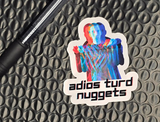 Cady Creations sticker with colorful glitch person and 'adios turd nuggets' text on bubble mailer