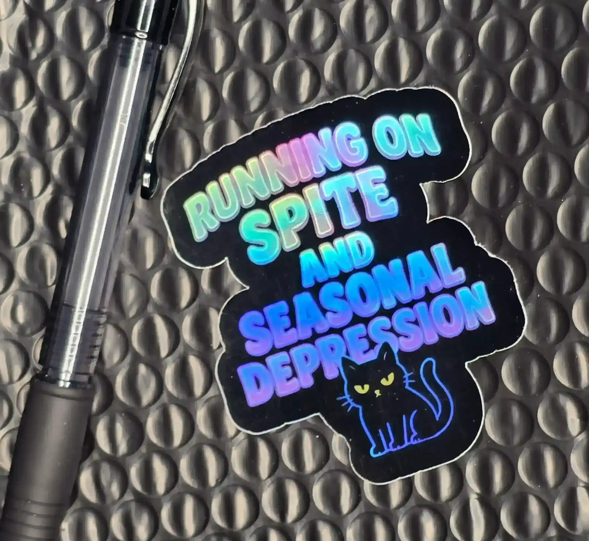Running on Spite and Seasonal Depression Sticker | Funny Cat Holographic Option - Cady Creations
