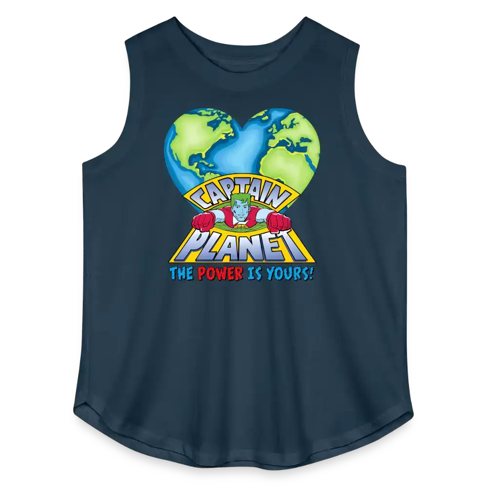 Navy blue tank top with Captain Planet graphic and earth heart design, eco-friendly shirt