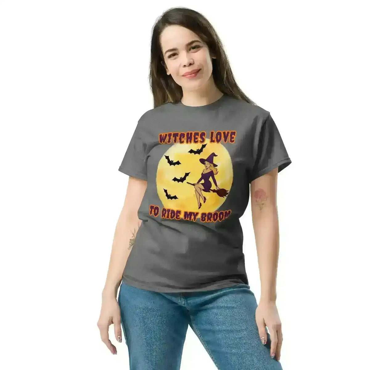 Witches Love To Ride My Broom Unisex Tee - Spooky Halloween Humor - Cady Creations