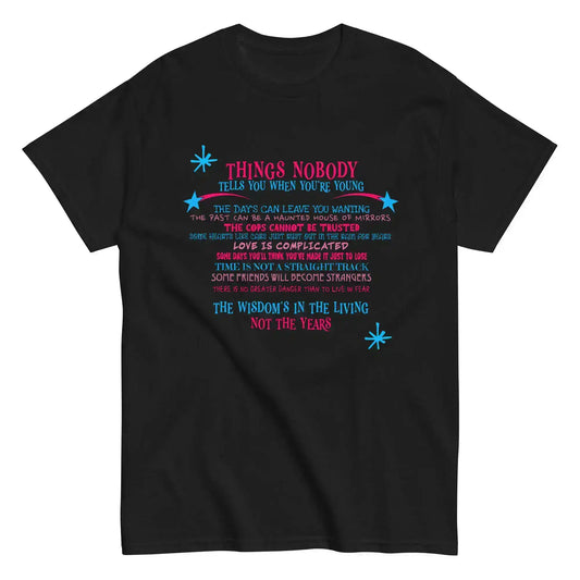Unisex black graphic tee with colorful text and star accents, Cady Creations dark humor style
