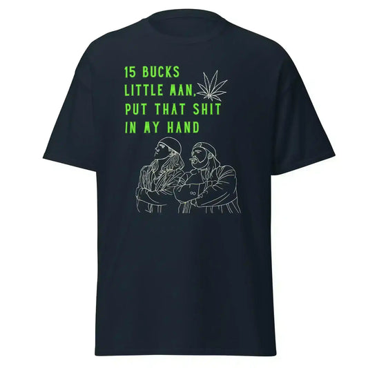 Navy unisex graphic tee with cartoon duo, neon text, and a cannabis leaf design by Cady Creations