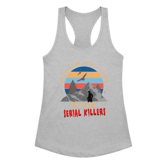 Heather gray women’s racerback tank top with mountains, sunset, and dark humor graphic text
