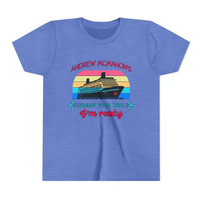 Blue graphic tee with cruise ship, retro sunset, and 'Holiday From Real I'm ready' text
