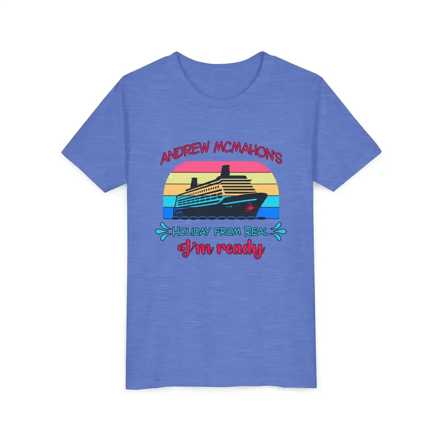 Blue graphic tee with cruise ship and retro sunset, text reads Andrew McMahon's Holiday From Real