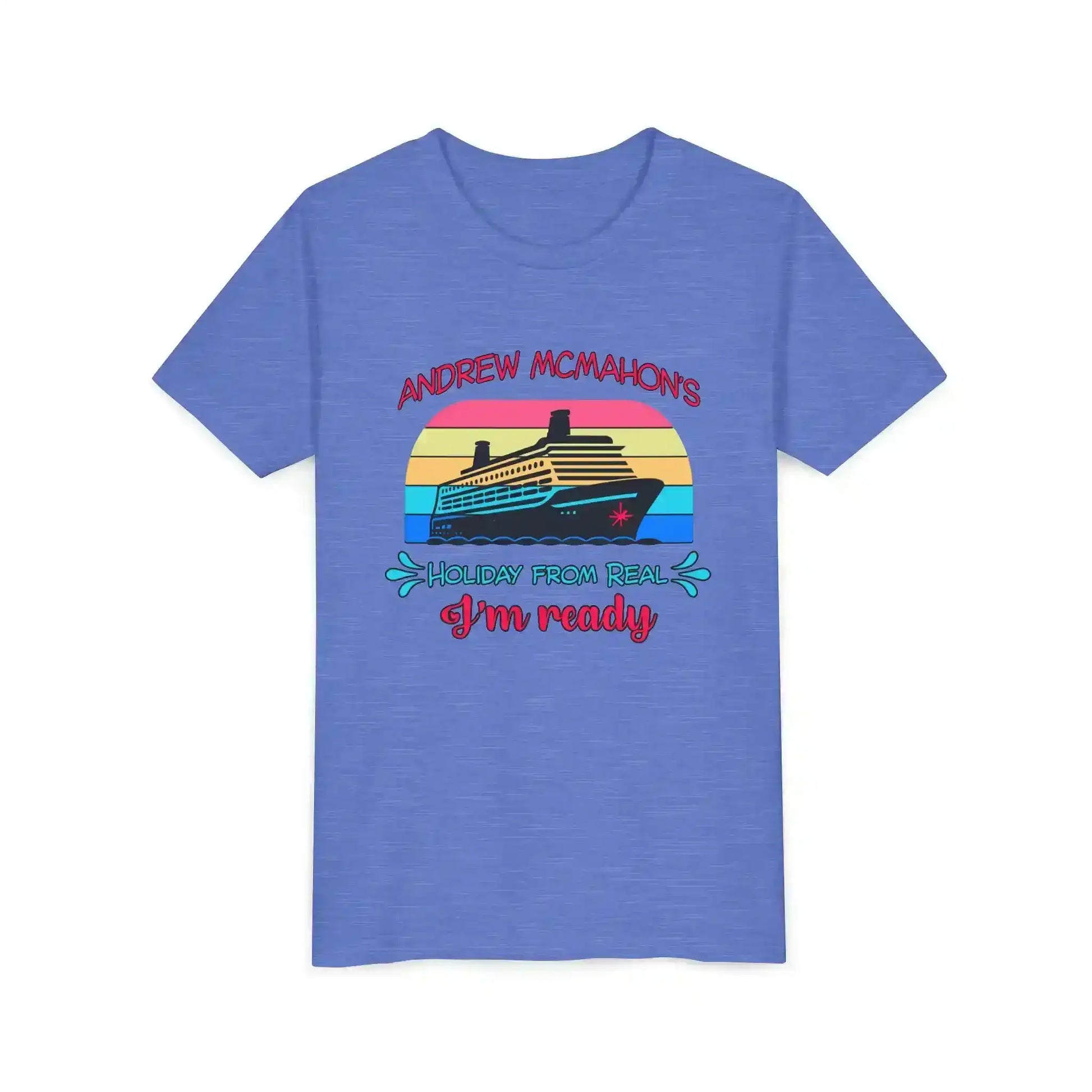 Blue graphic tee with cruise ship and retro sunset, text reads Andrew McMahon's Holiday From Real