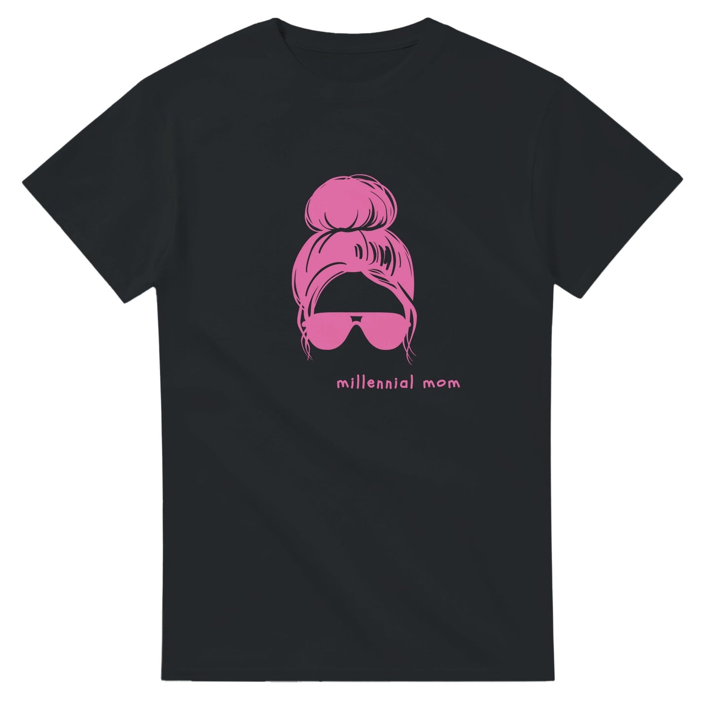 Millennial Mom graphic tee with pink design on black fabric.