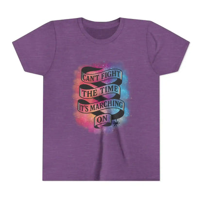 Purple graphic tee with 'Can't fight the time, it's marching on' ribbon design, Cady Creations
