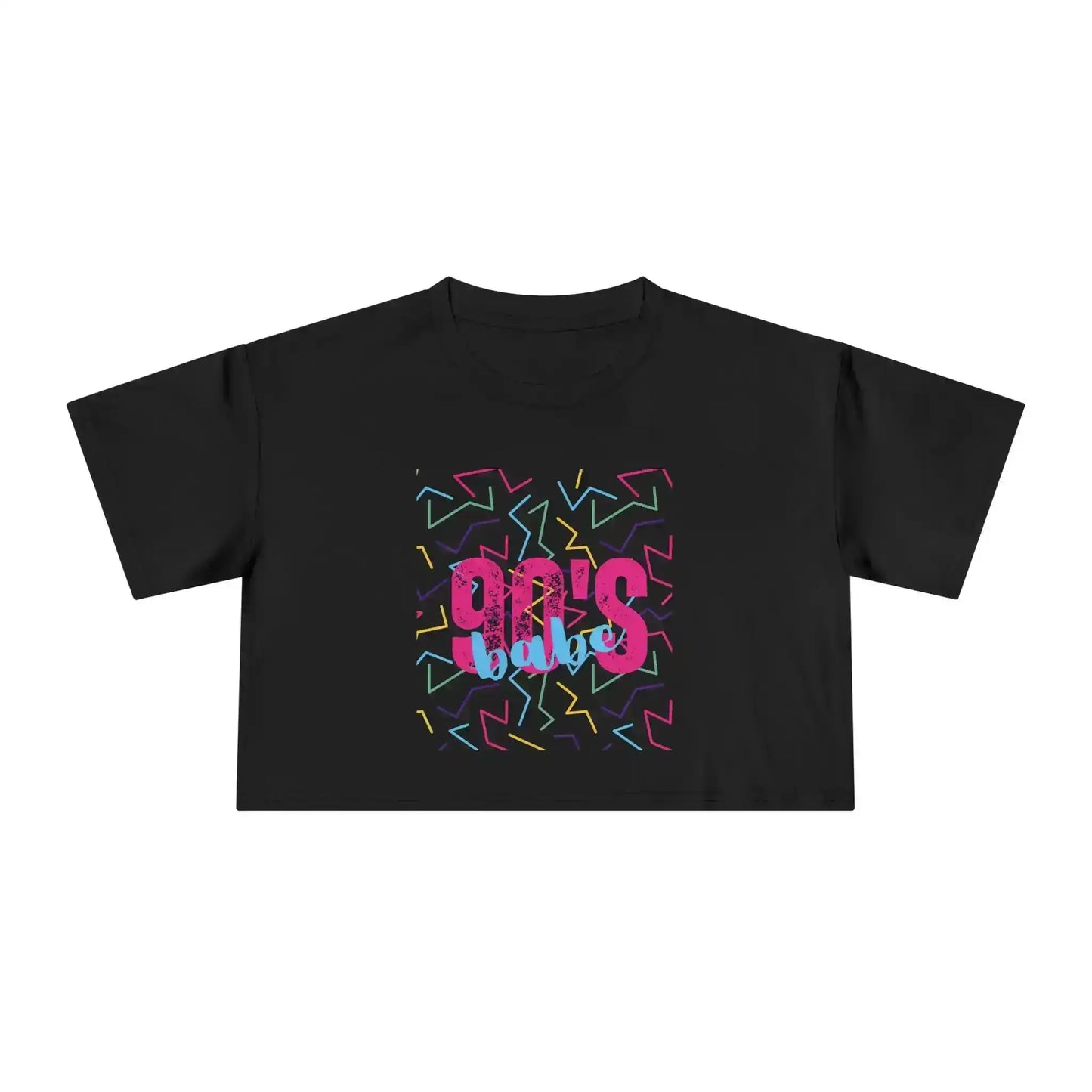 Black Cady Creations crop top with '90's babe' text and colorful geometric graphic