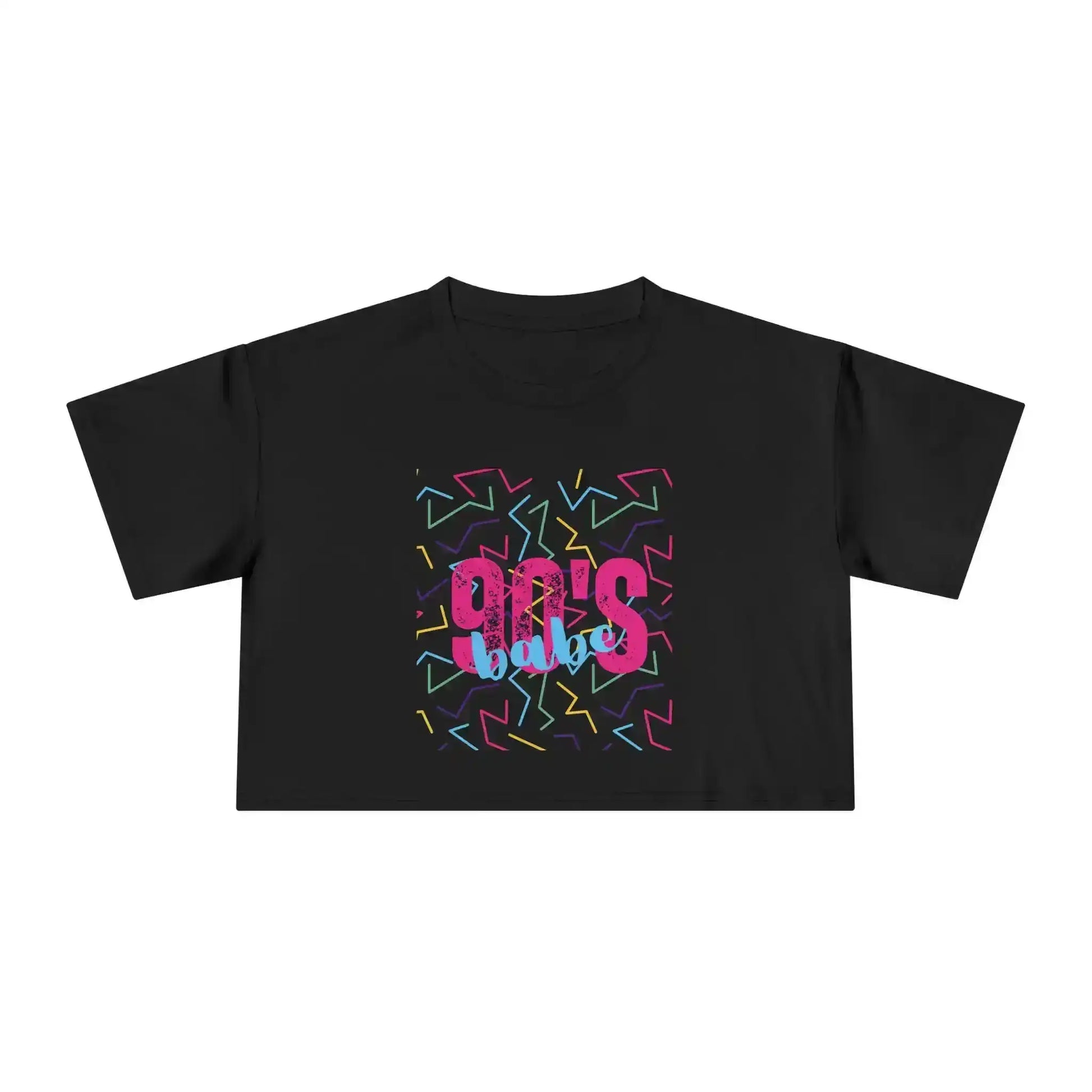 Black Cady Creations crop top with '90's babe' text and colorful geometric graphic
