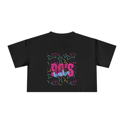 Black Cady Creations crop top with '90's babe' text and colorful geometric graphic