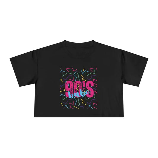 Black Cady Creations crop top with '90's babe' text and colorful geometric graphic