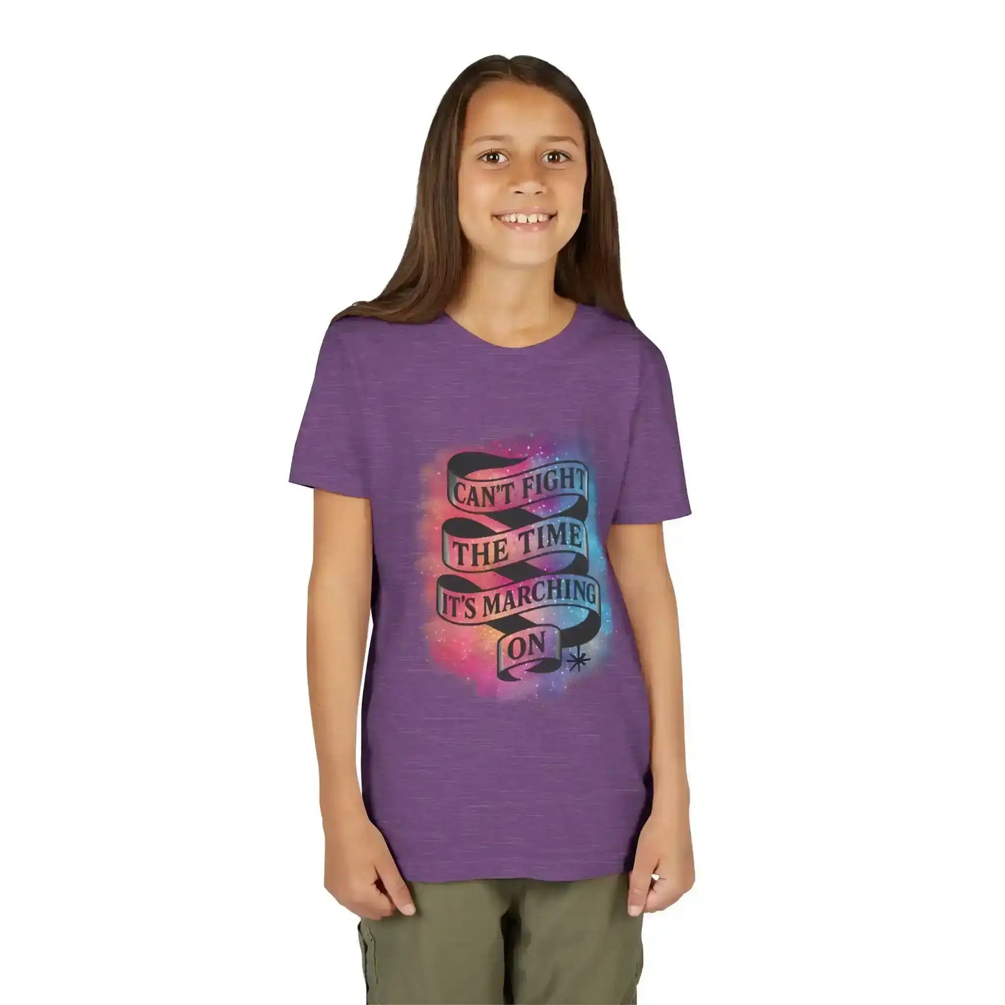 Smiling girl in a purple Cady Creations graphic tee reading 'Can't fight the time, it's marching on'.