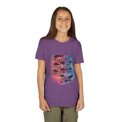 Smiling girl in a purple Cady Creations graphic tee reading 'Can't fight the time, it's marching on'.