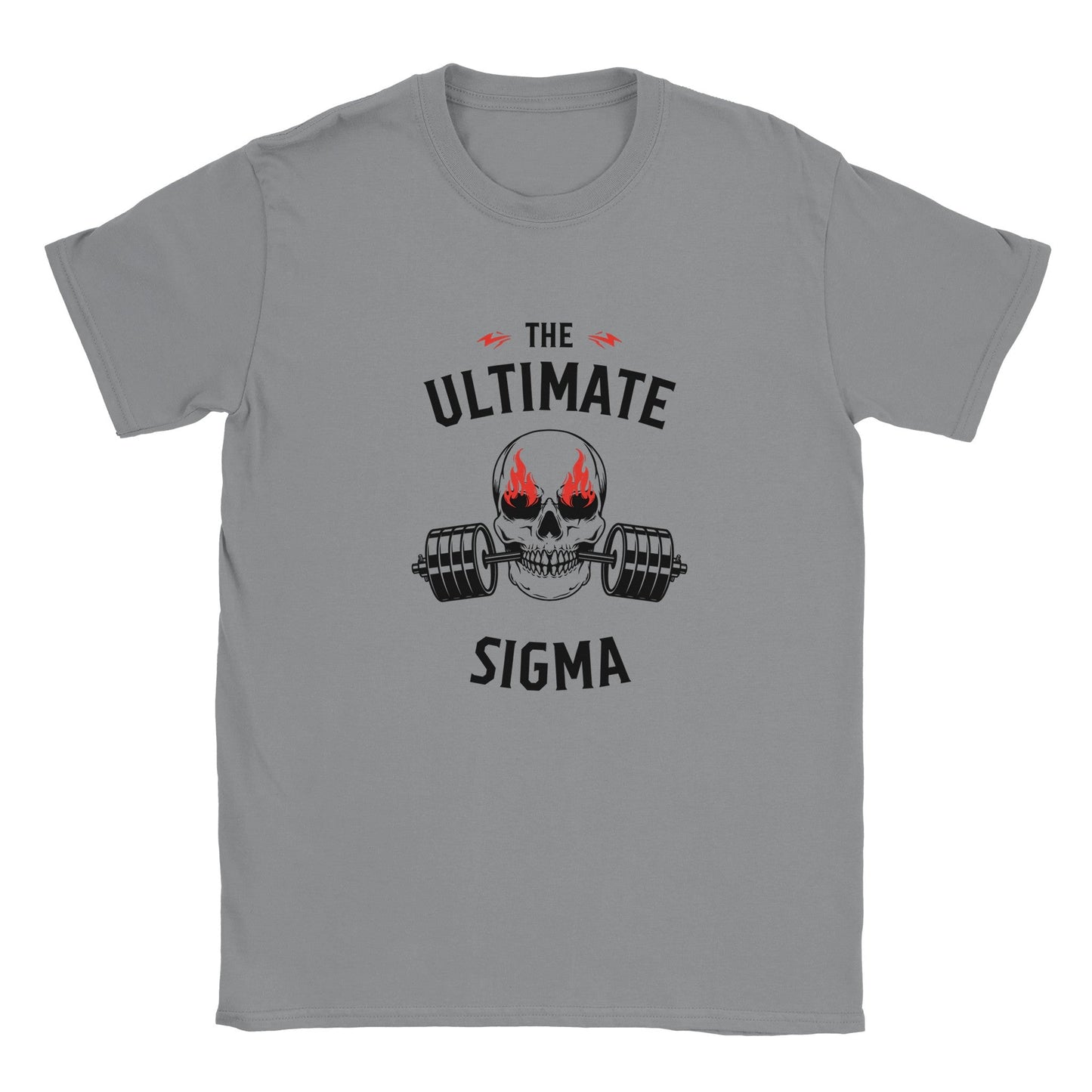 The Ultimate Sigma adult graphic tee with bold skull and dumbbells design.