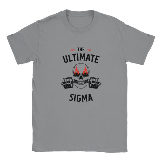 The Ultimate Sigma adult graphic tee with bold skull and dumbbells design.