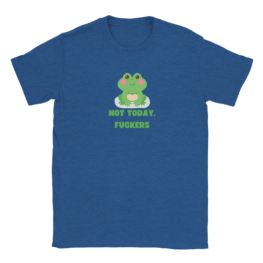 Blue graphic tee with "Not Today, Fers" phrase and frog design.