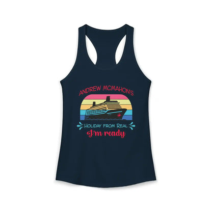 Navy racerback tank top with cruise ship graphic and 'Andrew McMahon's Holiday From Real I'm ready' text