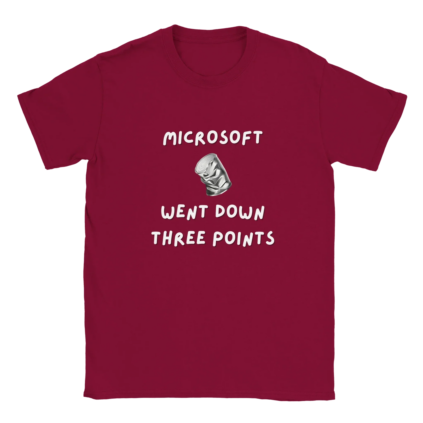 Red t-shirt with "Microsoft went down 3 points" text from "Big Daddy," retro font style.