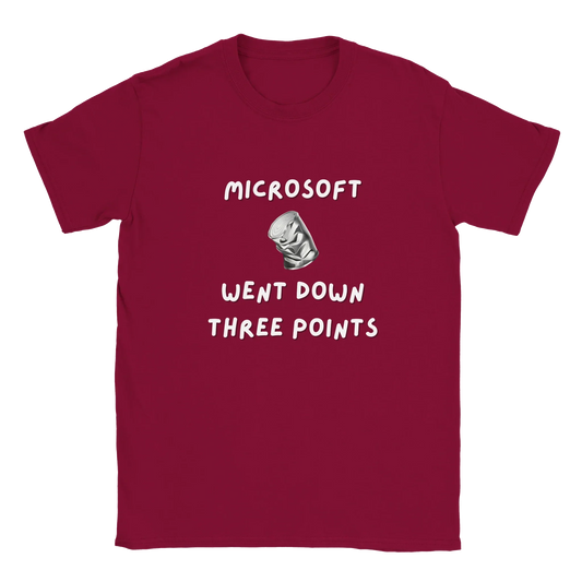 Red t-shirt with "Microsoft went down 3 points" text from "Big Daddy," retro font style.