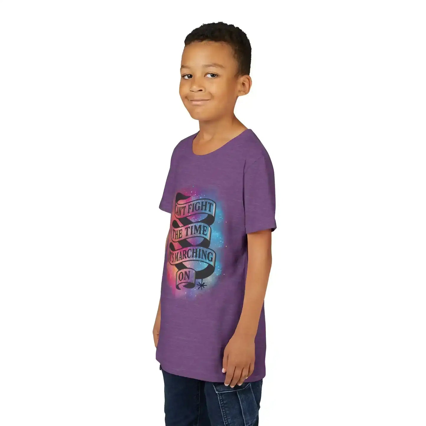 Smiling child wearing Cady Creations purple graphic tee with 'Can't Fight The Time' design