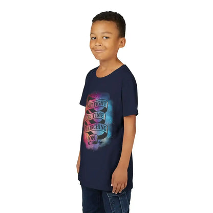 Smiling child wearing navy Cady Creations graphic tee with colorful 'Can't fight the time, it's marching on' design