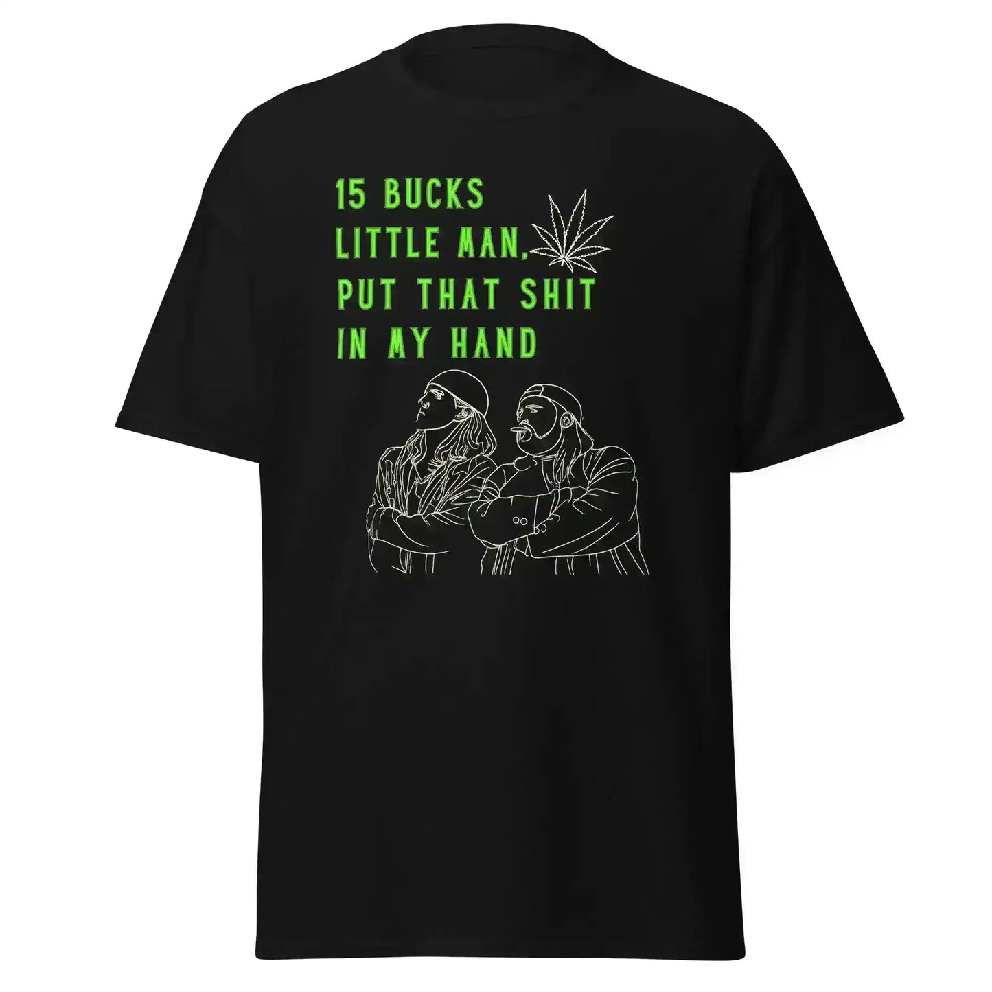 Black unisex graphic tee with Jay and Silent Bob outline, neon text, and cannabis leaf design.