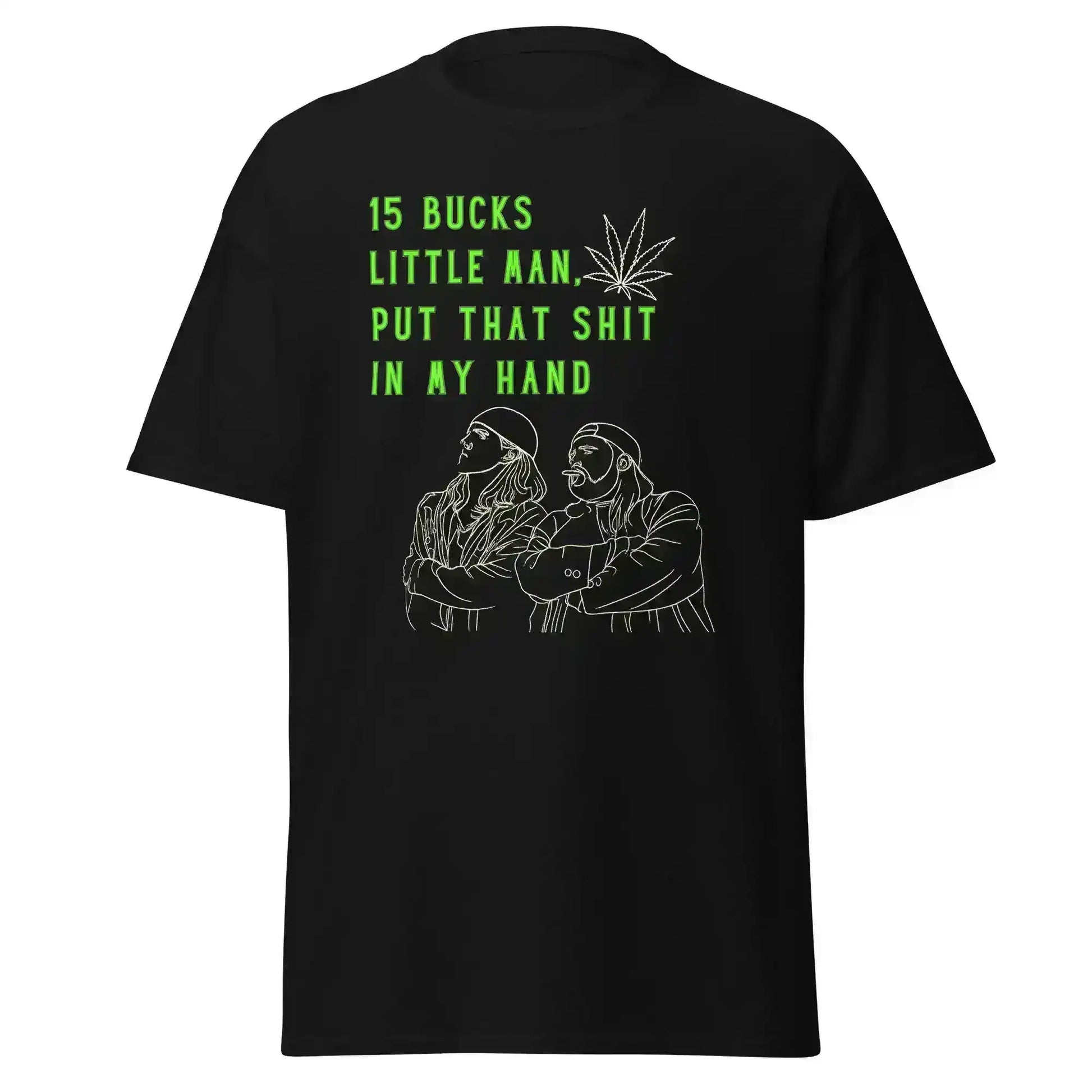 Black unisex graphic tee with Jay and Silent Bob outline, neon text, and cannabis leaf design.