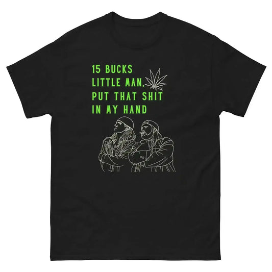 Black unisex graphic tee with green text, marijuana leaf, and two outlined pop culture figures