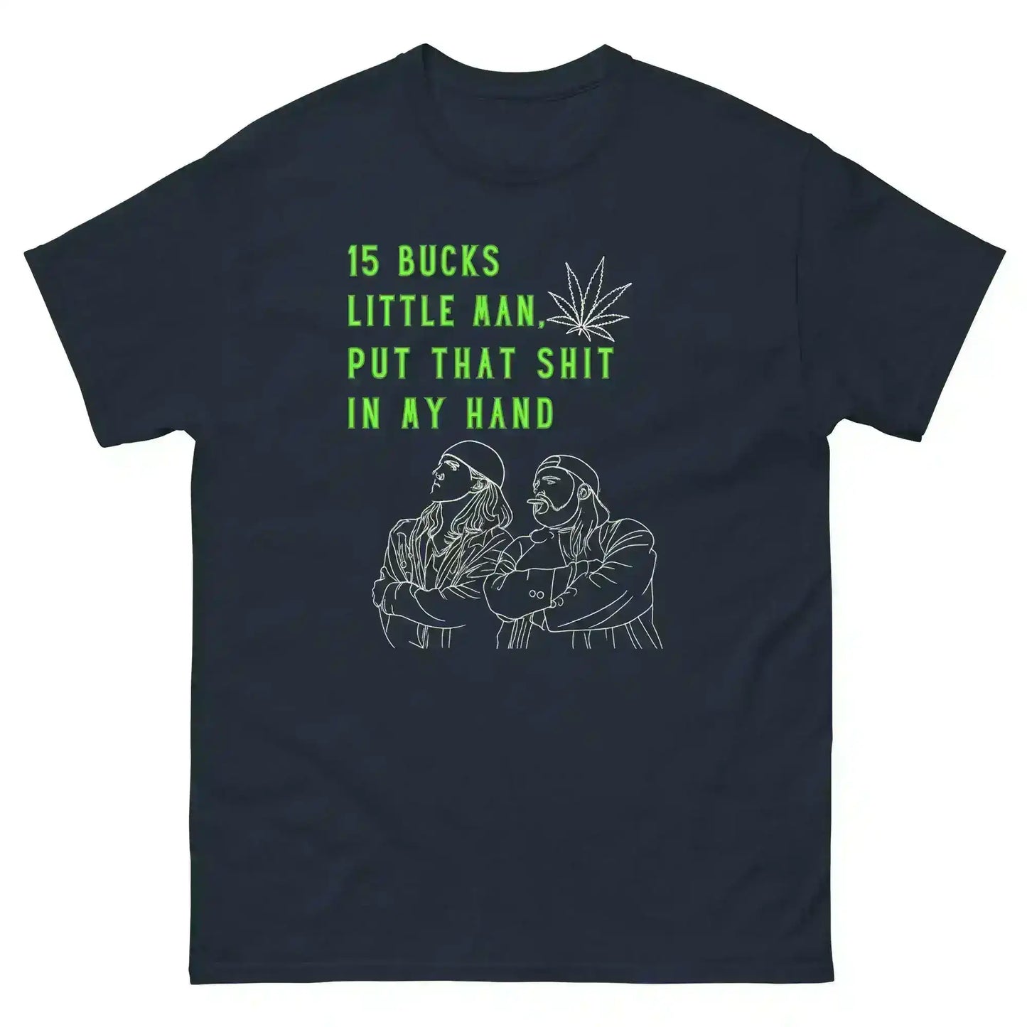 Unisex navy graphic tee with neon green text, cartoon duo, and marijuana leaf design
