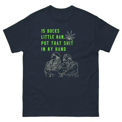 Unisex navy graphic tee with neon green text, cartoon duo, and marijuana leaf design