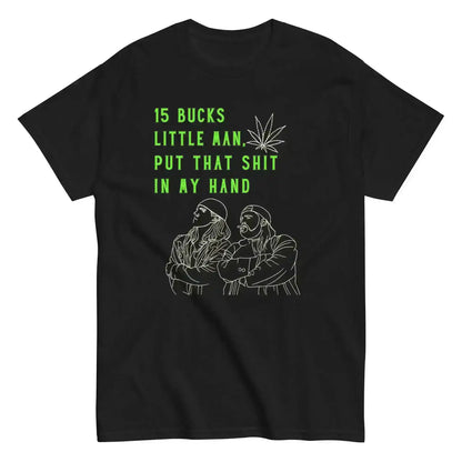 Black unisex graphic tee with green quote and outline of two men, pop culture design by Cady Creations