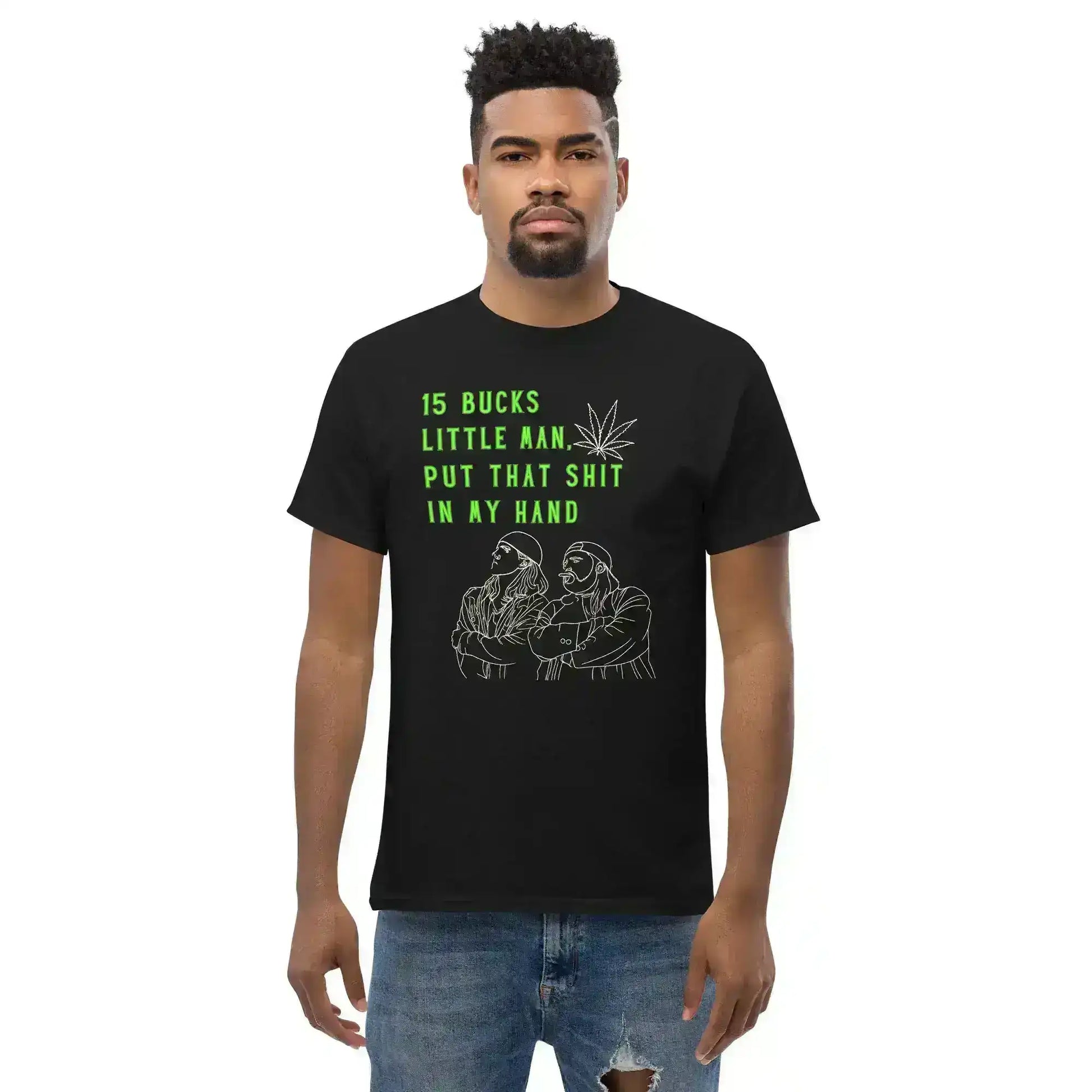 Black unisex graphic tee with neon green text, hand-drawn figures, and leaf design, Cady Creations