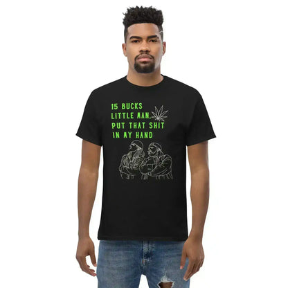 Black unisex graphic tee with neon green text, hand-drawn figures, and leaf design, Cady Creations